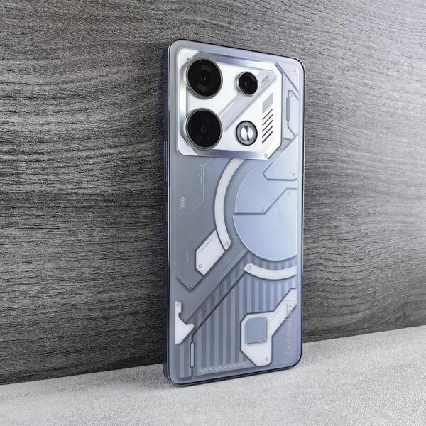 A sleek smartphone with a futuristic design rests on a wooden surface, showcasing modern technology.