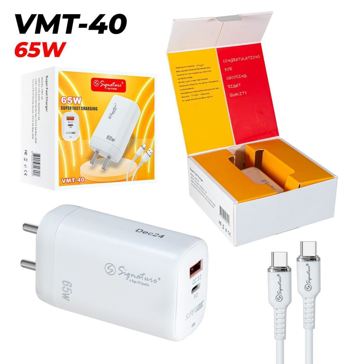 Device Love Signature VMT-40 65W mobile phone charger with a white body and USB-C ports. - Image 2